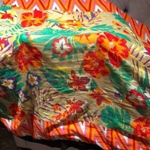 Extra large rectangular floral tropical pattern scarf with black trim